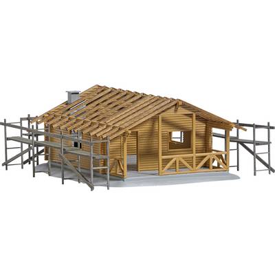 Wooden house under construction with an unfinished roof, scaffolding on the sides, on a grey base. Wooden structures are visible.