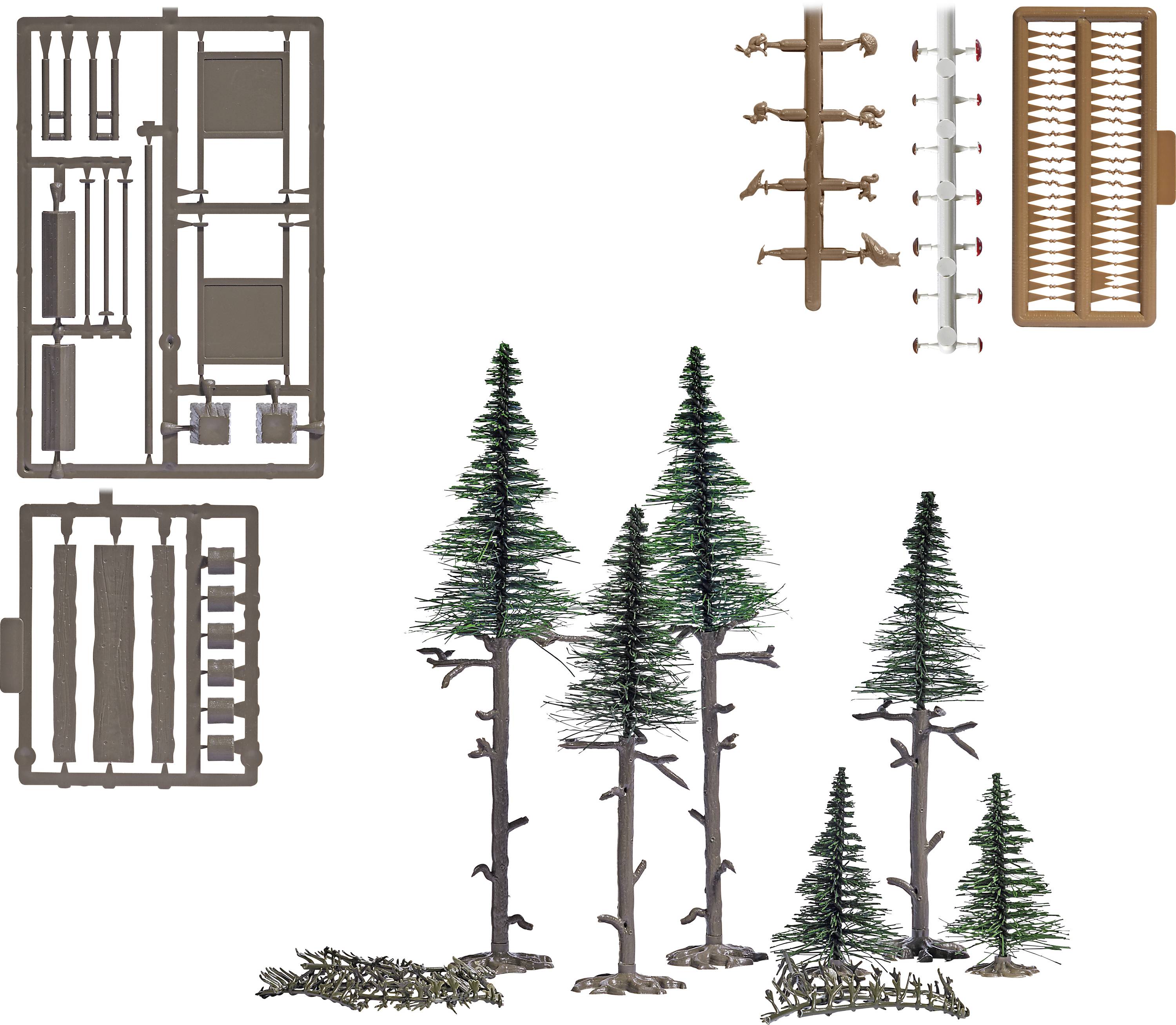 Plastic model kit for trees in various sizes, with green and brown components and detailed structures.