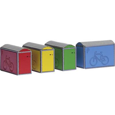 Four coloured bicycle lockers: red, yellow, green and blue, with bicycle pictograms and the letter 'P' on the doors.