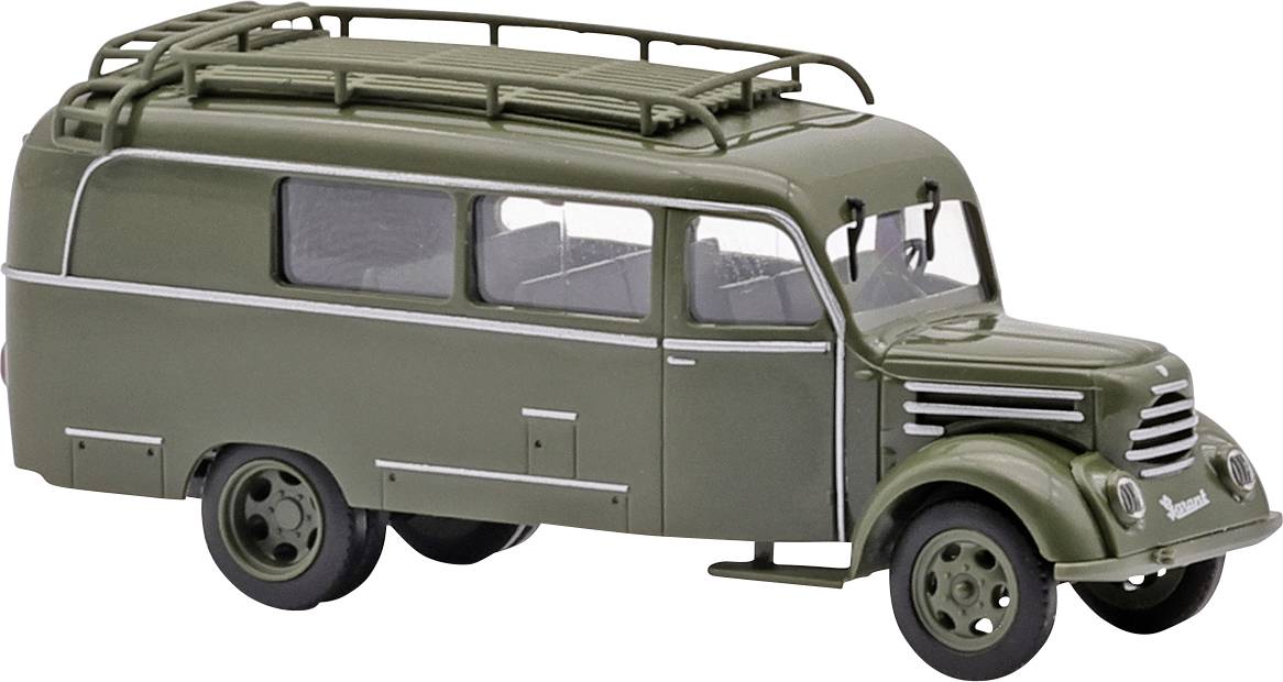 Model of an olive green, classic delivery van with roof rack, side windows, and nostalgic design.
