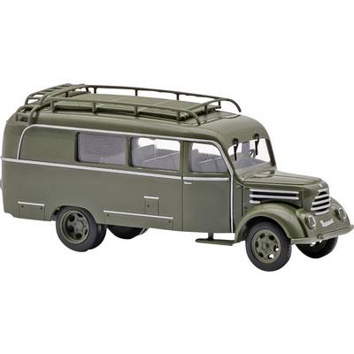 Model of an olive green, classic delivery van with roof rack, side windows, and nostalgic design.