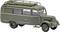 Model of an olive green, classic delivery van with roof rack, side windows, and nostalgic design.