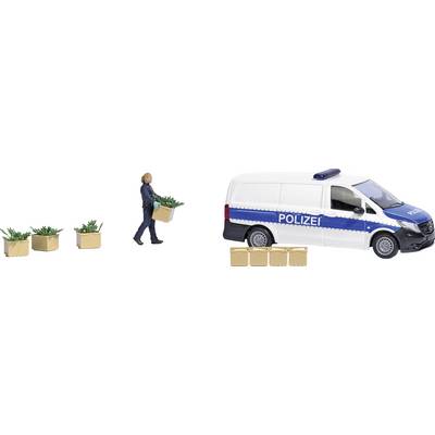 Toy police vehicle beside a figure carrying boxes of plants. Two additional boxes are positioned in front.