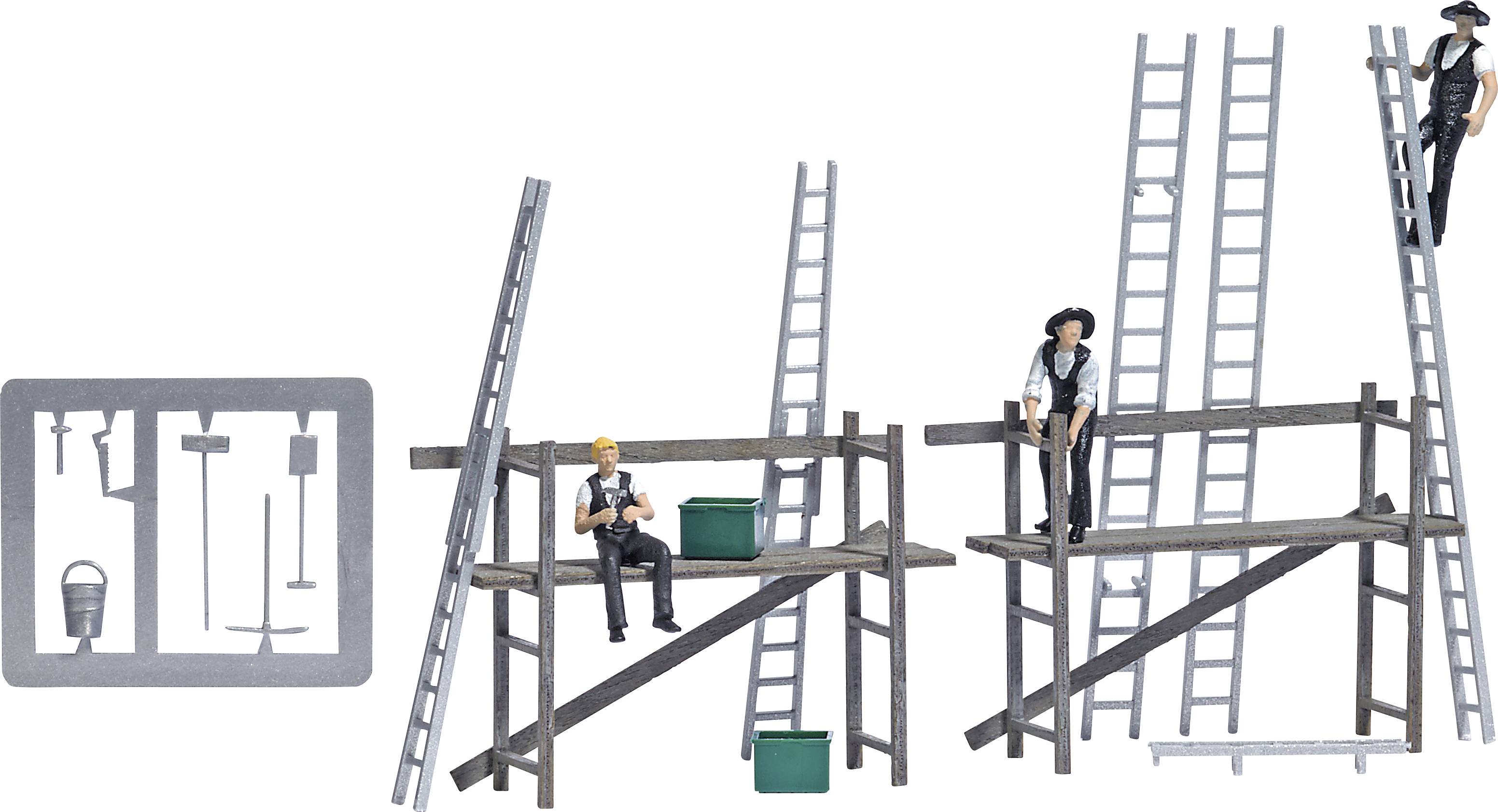 Several miniature figures on scaffolding with ladders and tools. Two people in work attire; one holding a tool.