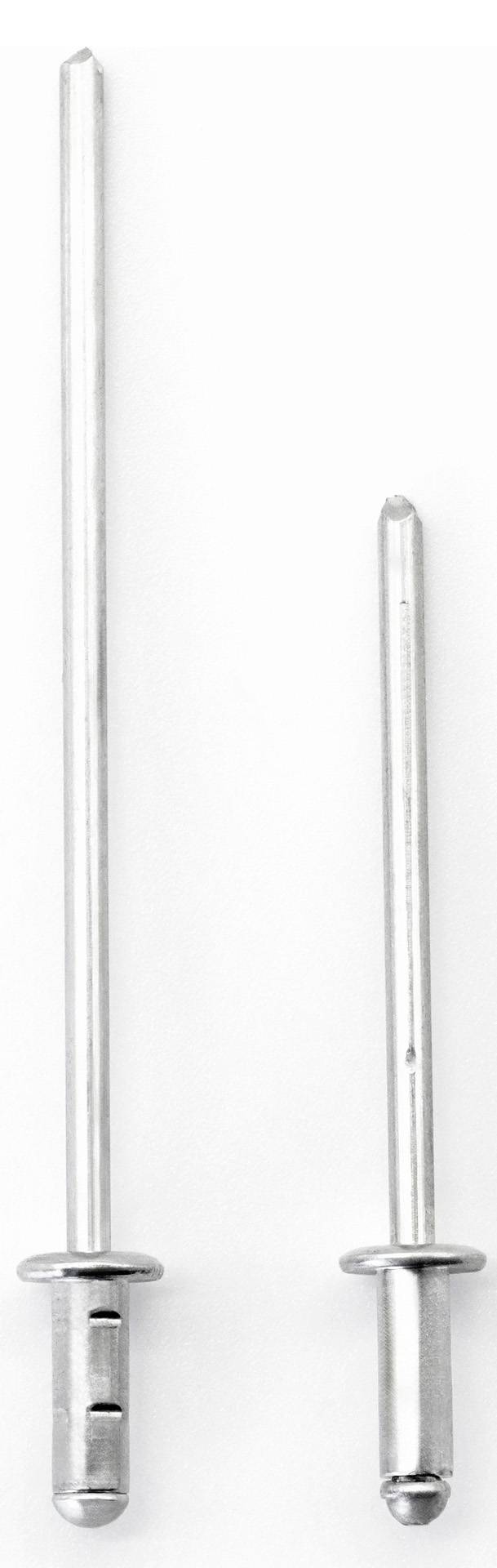 Two silver blind rivets side by side. One is longer than the other, both with rounded heads on a light background.