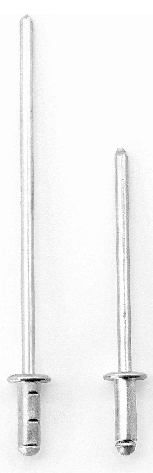 Two silver blind rivets standing upright side by side, the left one longer than the right. Both are made of metal and have cylindrical heads.