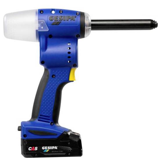 A blue, cordless battery rivet gun with a black handle and yellow accents from the Gesipa brand, demonstrates a robust construction.