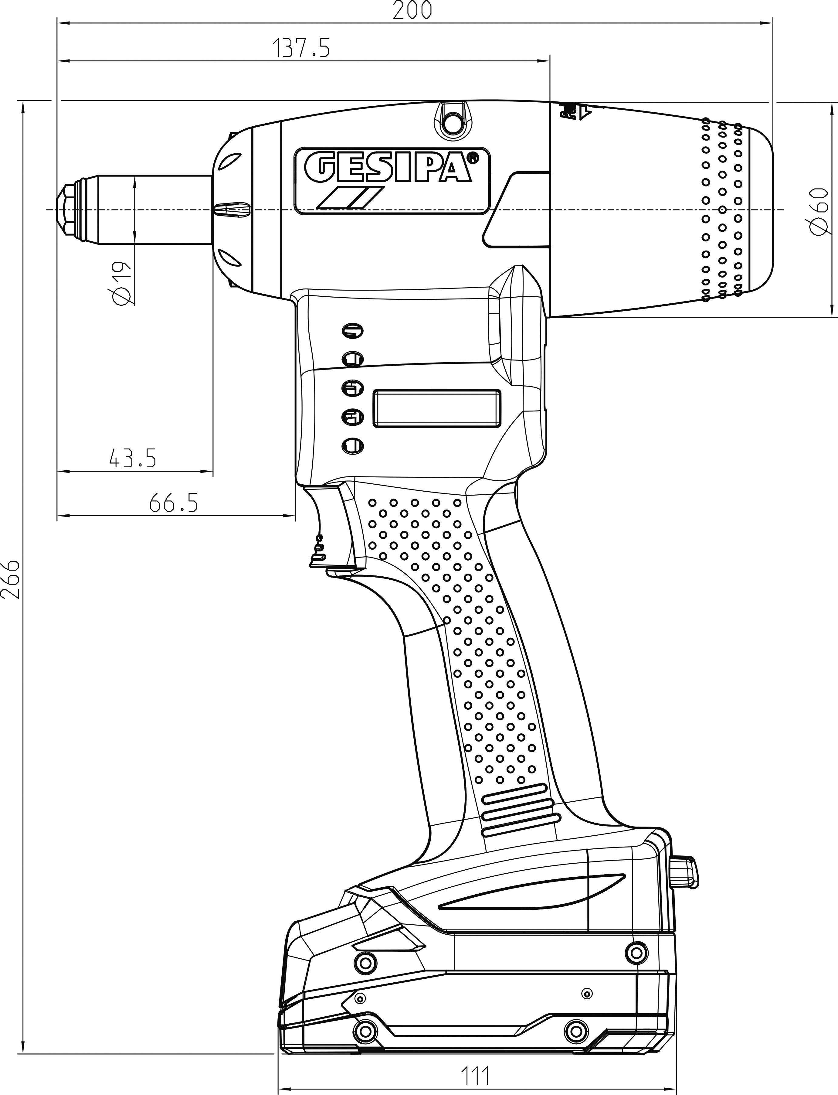 Cordless drill with technical drawing measurements in millimetres: Length 286, Width 137.5, Depth 200. Brand name on housing.