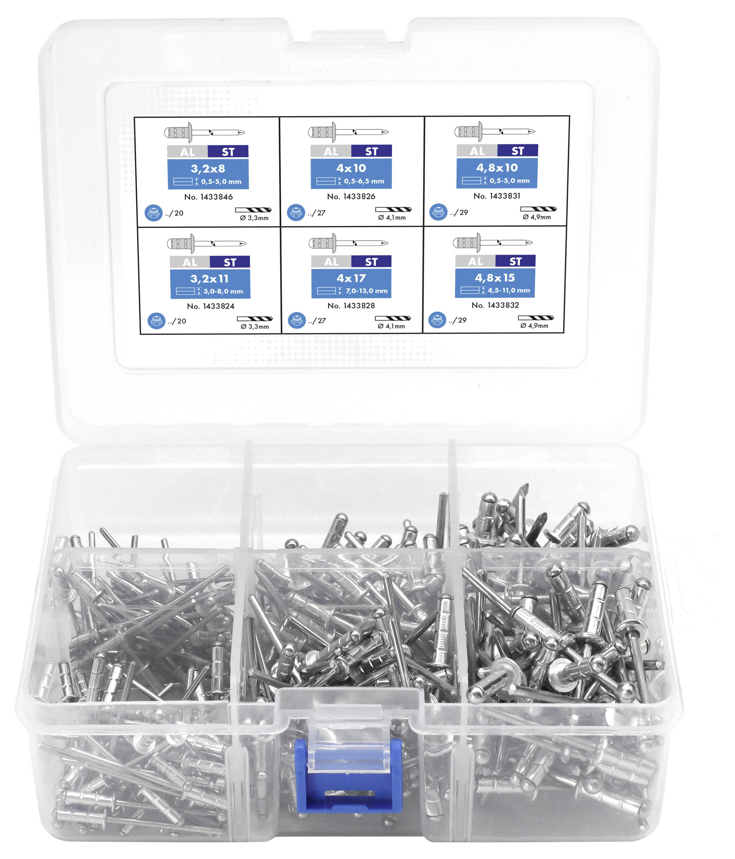 An open box displays six compartments with various screws. At the top, there is a label with size specifications '4.2x13', '4.2x15', etc.