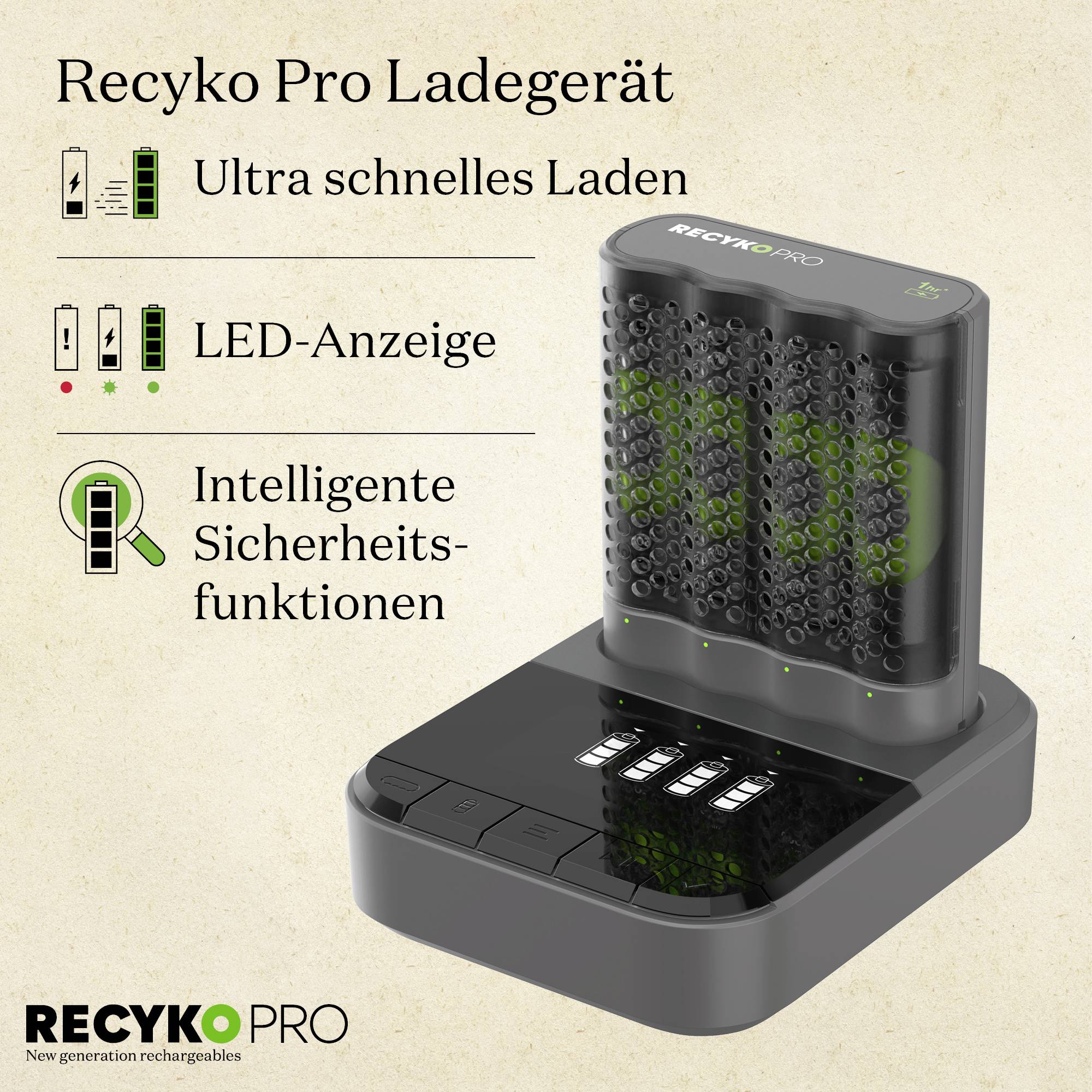 'Recyko Pro Charger' with 'Ultra-fast Charging', 'LED Display', 'Intelligent Safety Features'. Charger shown.<br><br>Note: I've made subtle adjustments to match British English conventions, such as hyphenating "Ultra-fast" and using British spelling.