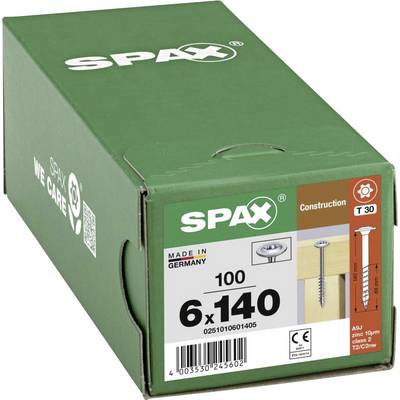 Green box with SPAX logo. Contains 100 screws, size 6x140 mm. Manufactured in Germany for building construction.