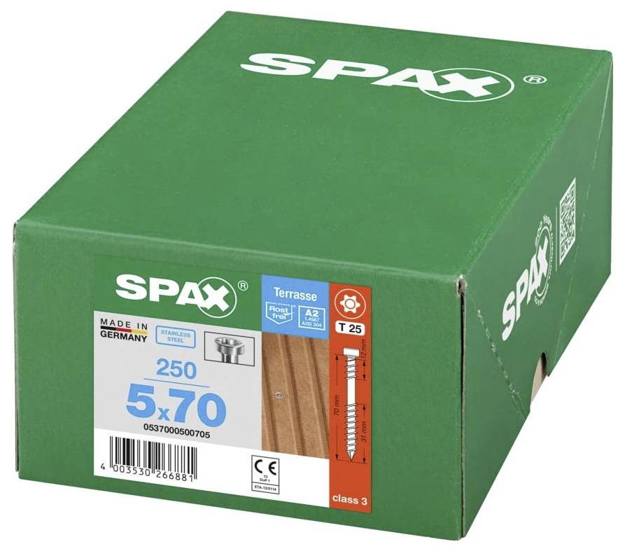 A green box of SPAX screws, Made in Germany, 250 pieces, 5x70mm, suitable for decking.