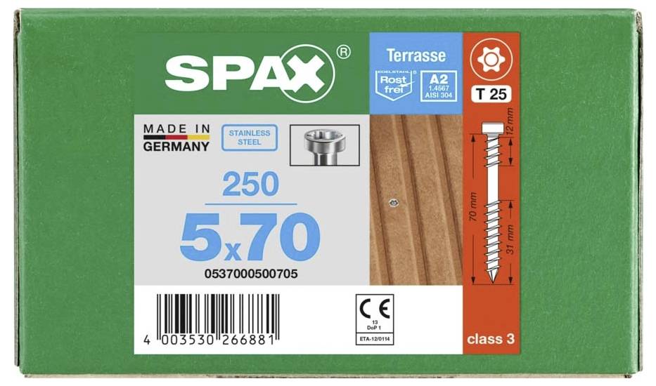 'Green packaging of Spax terrace screws in stainless steel, size 5x70 mm, corrosion-resistant, Made in Germany, Class 3.'