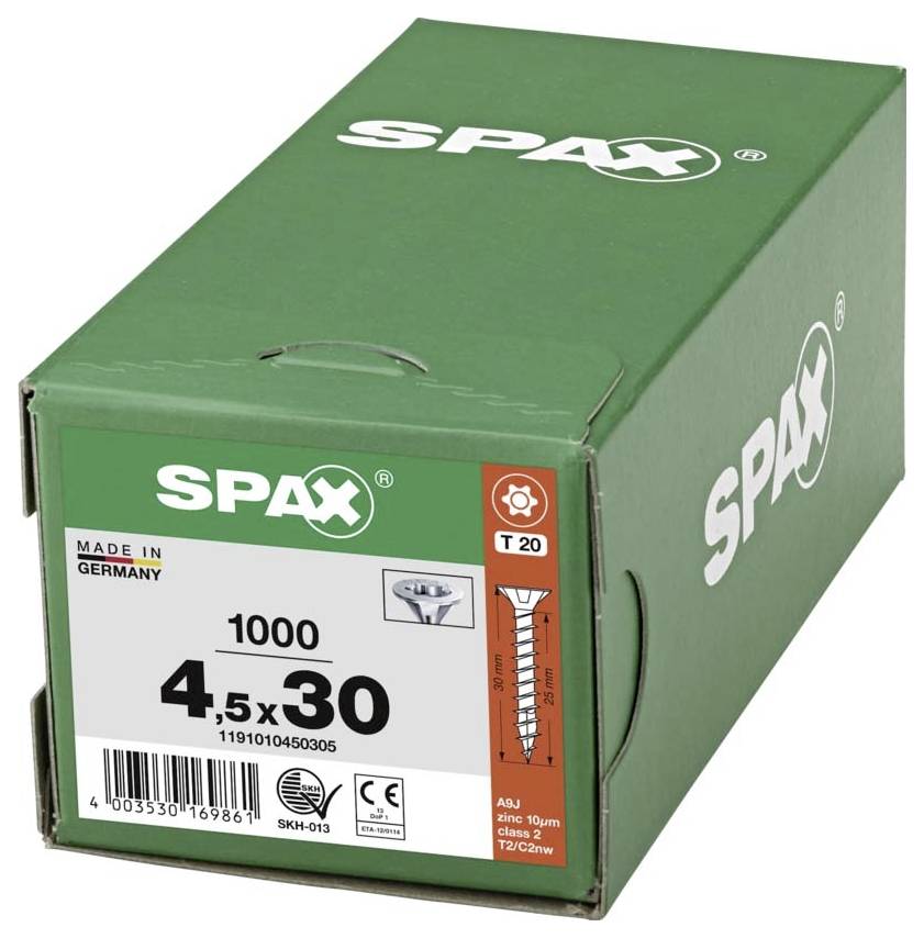 Green cardboard box labelled 'SPAX', contains 1000 screws 4.5 x 30 mm. Manufactured in Germany, Torx T20.