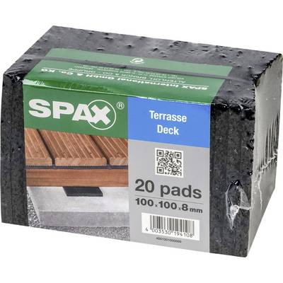 'SPAX 20 Terrace Decking Pads, 100x100x8mm' Packaging. Contains special pads for terrace construction, product photo, and QR code.