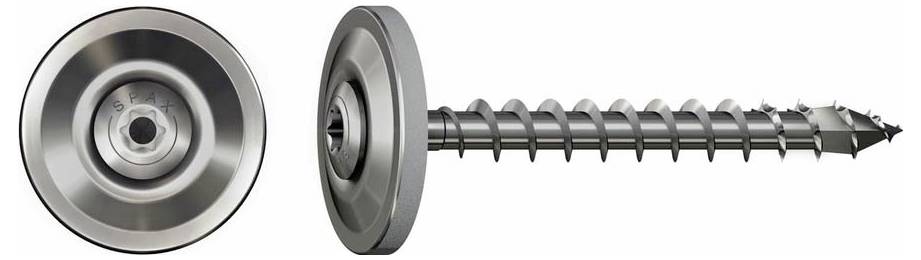 Metal screw, side and front view shown. Screw head is round with a hexagonal recess. Suitable for metal connections.