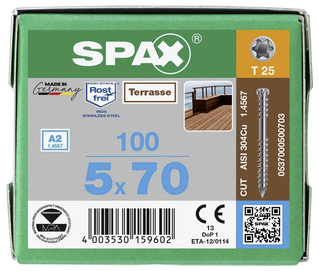 'Screw Box: 100 pieces, Size 5x70 mm, stainless, AISI 304Cu. Suitable for decking, with T25 head. Manufactured in Germany.'
