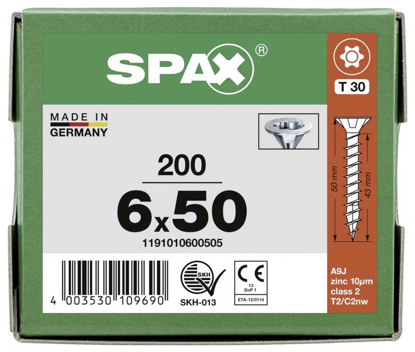 Box of SPAX screws, 200 pieces, size 6x50 mm, Torx T30 drive. Made in Germany. Illustration of the screw on the right.