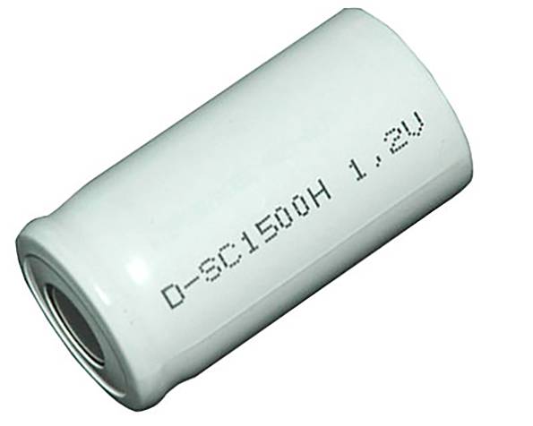 A white cylindrical battery labeled 'D-SC1500H 1.2V' on its surface, indicating its model and voltage.