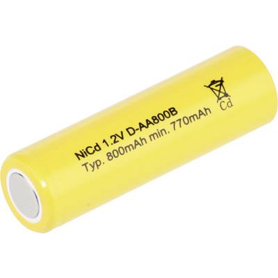 A cylindrical yellow battery labeled 'NiCd 1.2V D-AA800B, Typ. 800mAh min. 770mAh', indicating its type and capacity.
