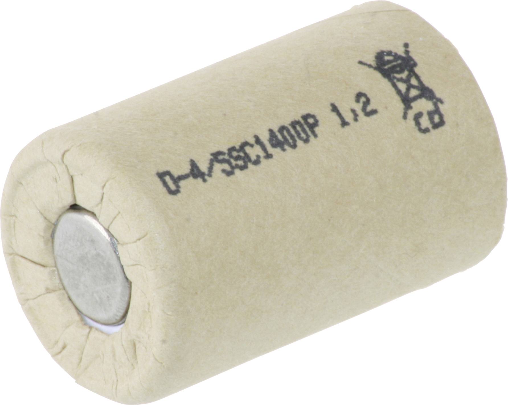 'A cylindrical, beige battery labeled D-4/SC1400P 1.2V.'