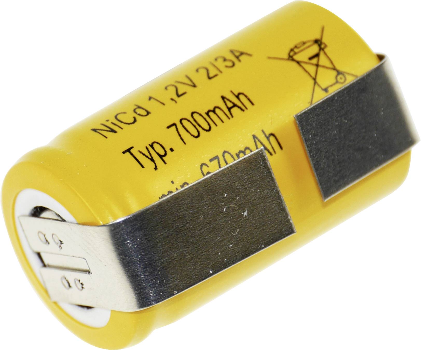 A yellow cylindrical NiCd battery, labeled '1.2V 2/3A', with metal connectors and a capacity of 700mAh.