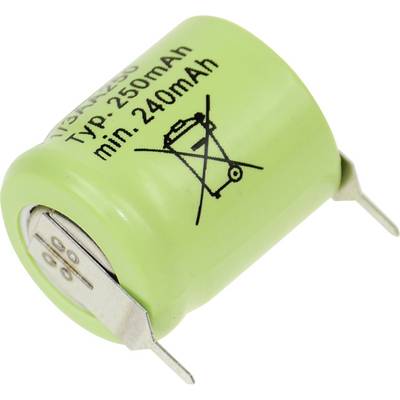 A small, green cylindrical battery marked with 'Typ. 250mAh min. 240mAh' and a crossed-out trash bin symbol indicating proper disposal.