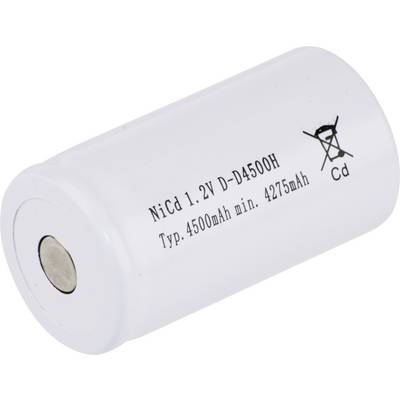 A cylindrical white battery displaying text: 'NiCd 1.2V D-D4500H Typ. 4500mAh min. 4275mAh' with a crossed-out garbage bin icon.