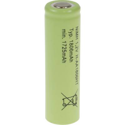 A green cylindrical rechargeable battery labeled 'NiMH 1.2V H-AA 1800HT', 'Typ: 1800mAh', with a warning symbol against improper disposal.