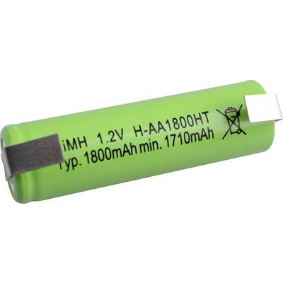 A green cylindrical battery labeled 'iMH 1.2V H-AA1800HT' with a capacity of 'typ.1800mAh min.1710mAh'.