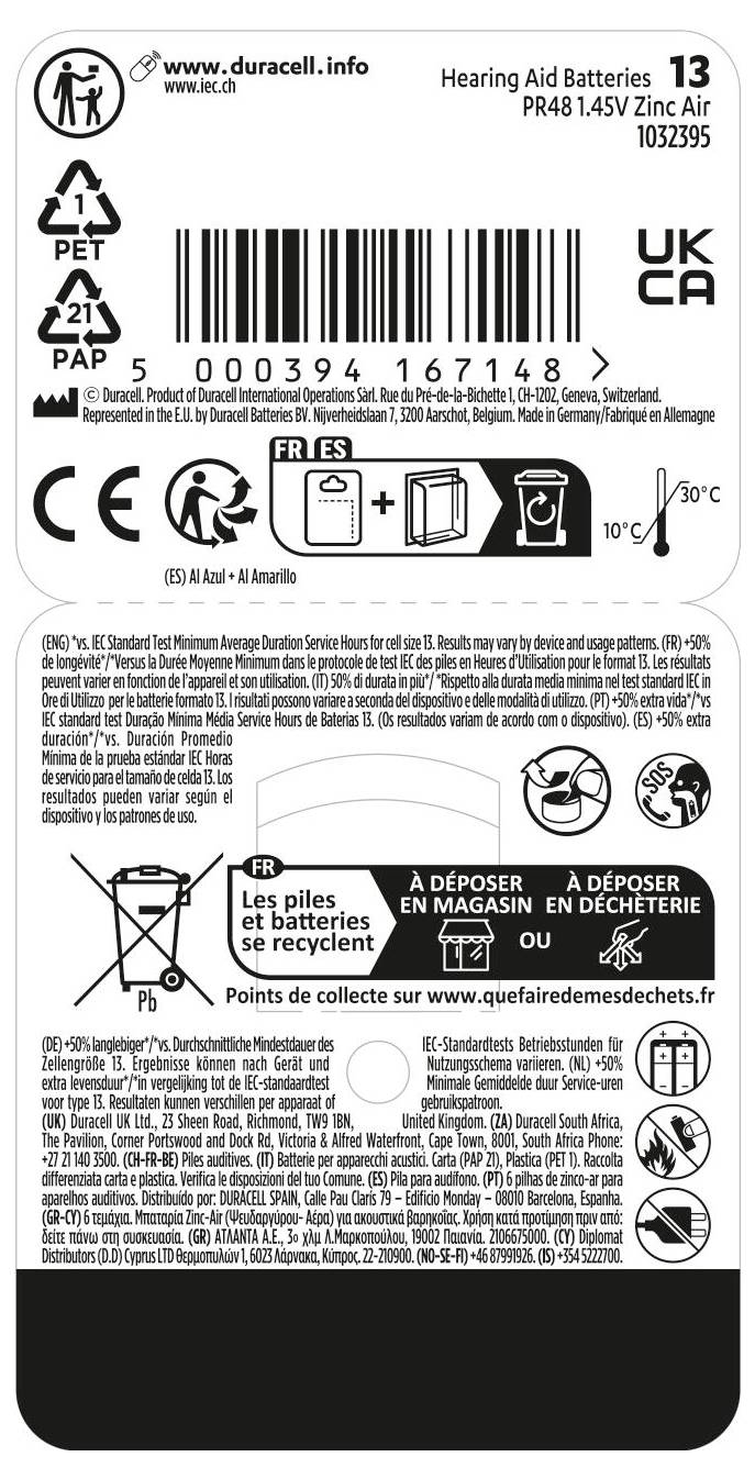 'Duracell hearing aid batteries, PR48 1.45V Zinc Air, size 13. Instructions in multiple languages, recycle information, safety icons.'