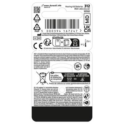 'Hearing Aid Batteries 312, Duracell. Includes recycling symbols and disposal instructions. Suitable for temperatures -10°C to 30°C.'