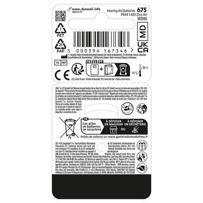 'Hearing Aid Batteries 675, PR44, 1.45V Zinc Air, Duracell. Packaging includes recycling symbols, disposal instructions, and contact info.'