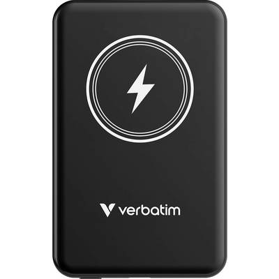 A black power bank with a white lightning symbol and the 'Verbatim' logo underneath.