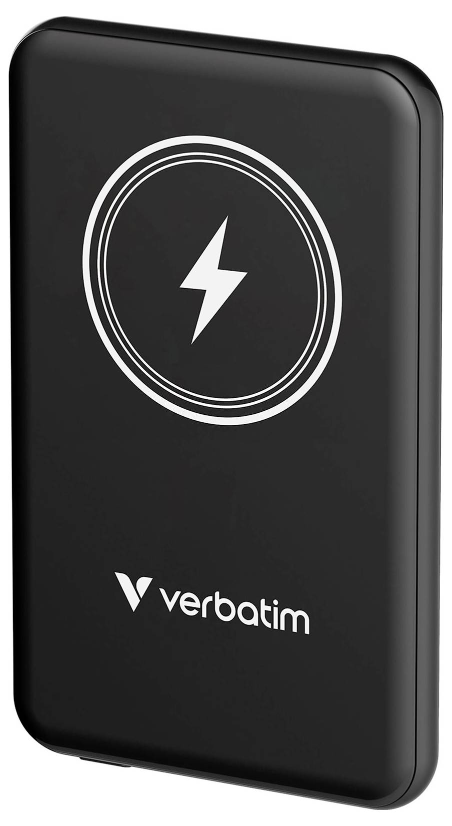 Black wireless charging station with lightning symbol and 'Verbatim' logo, for charging electronic devices.
