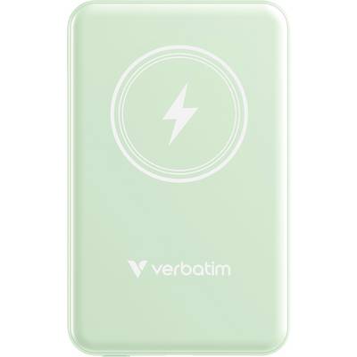 Portable charger in mint green with lightning symbol. Verbatim logo at the bottom.