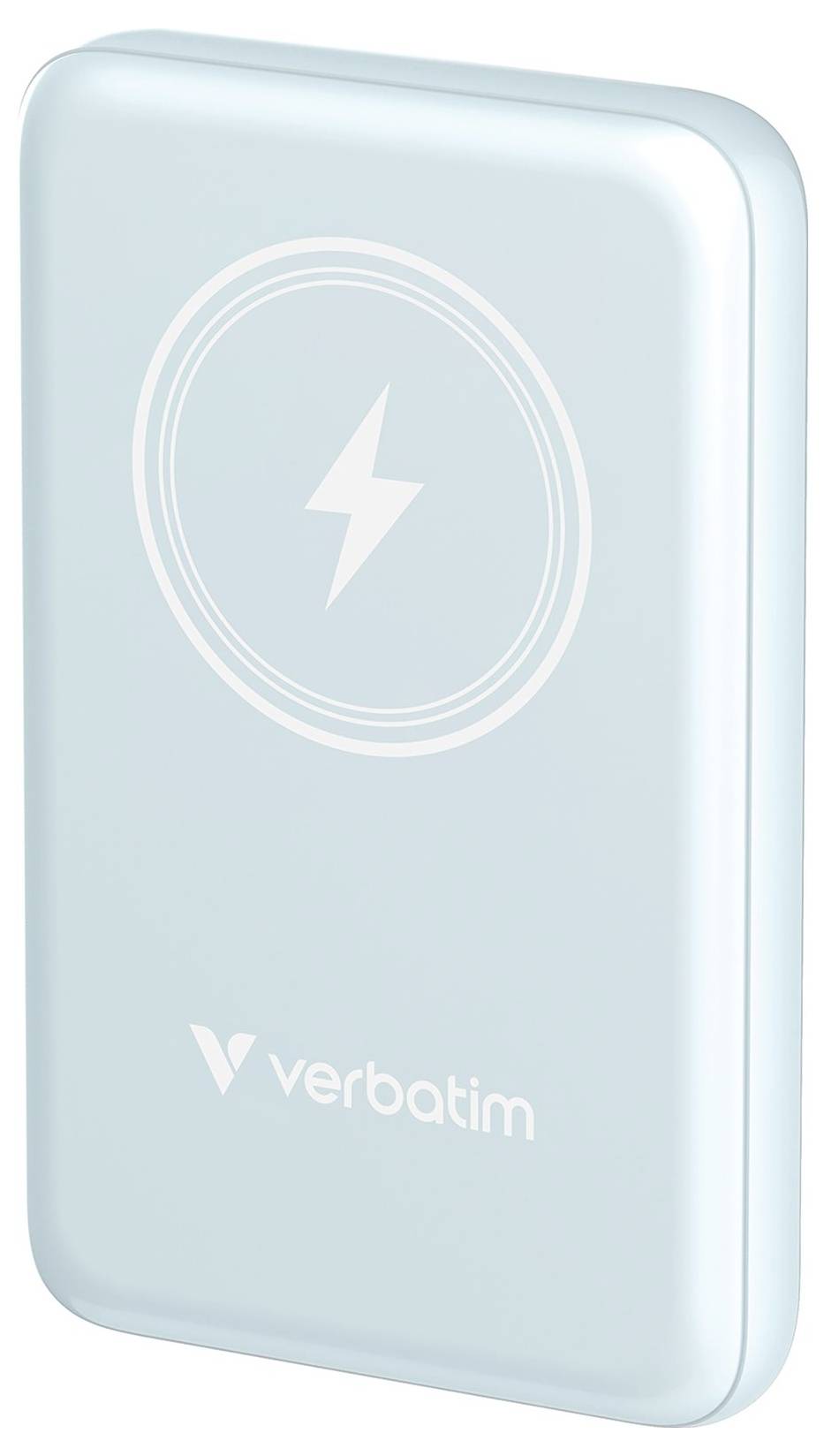External hard drive in light blue with a white lightning symbol and the 'Verbatim' logo at the bottom.