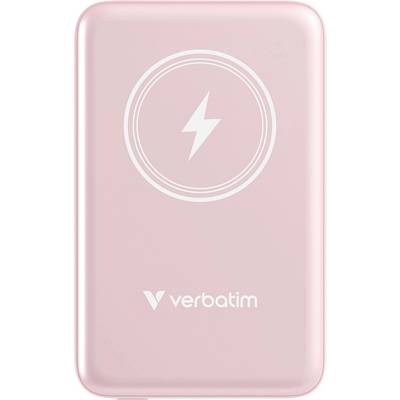 A pink power bank with a lightning symbol and the brand name 'Verbatim' on the front. Perfect for charging on the go.