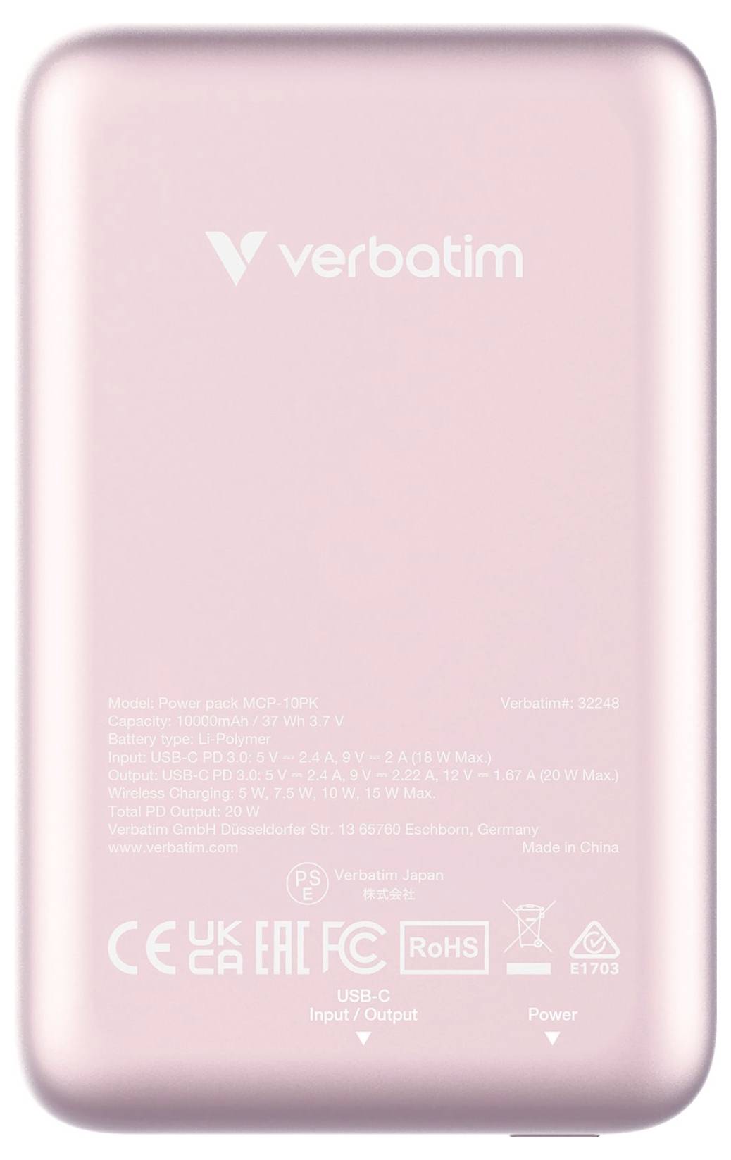 A pink portable hard drive by Verbatim with printed technical specifications and certification logos on the back.