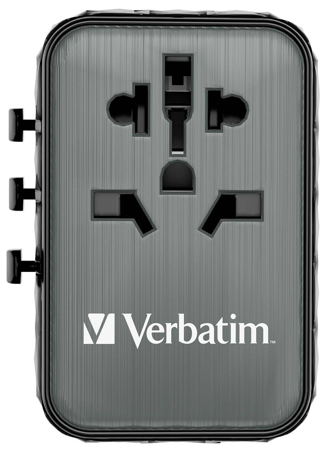 Multifunctional travel adapter with international socket compatibility, 'Verbatim' brand logo on the front.