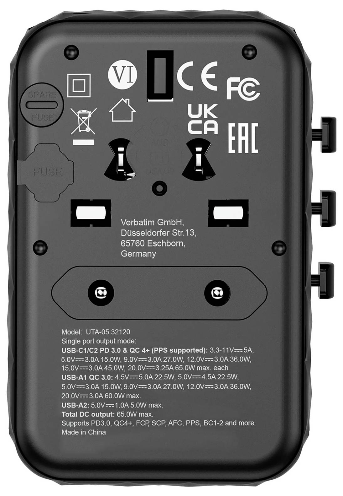 Back of a Verbatim charger with technical specifications and manufacturer information. Contains symbols for safety and quality standards.
