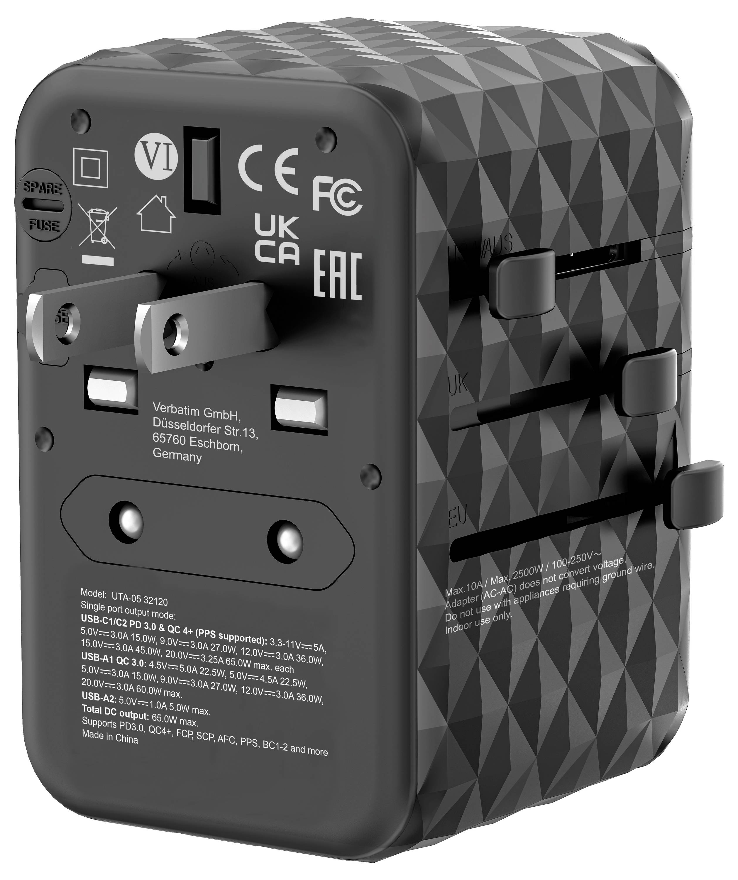Black universal travel adapter with various fold-out socket connections; technical symbols and specifications printed on the surface.