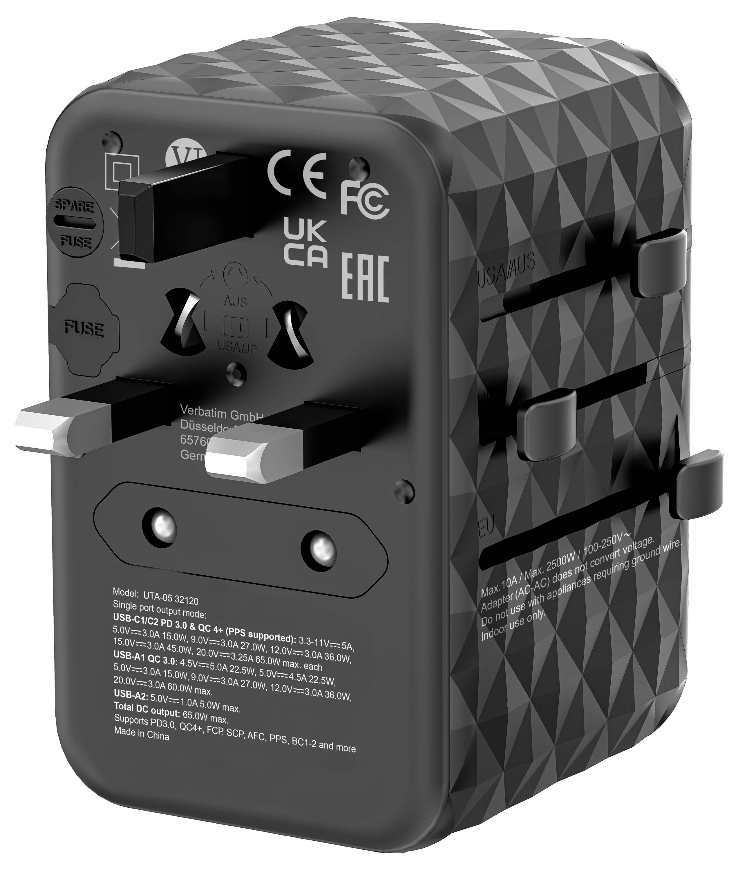 Travel adapter with UK plug and EU/USA outlets, black colour, Verbatim Ltd. For 100-240V voltage. Includes safety certificates CE, FCC, UKCA, EAC.