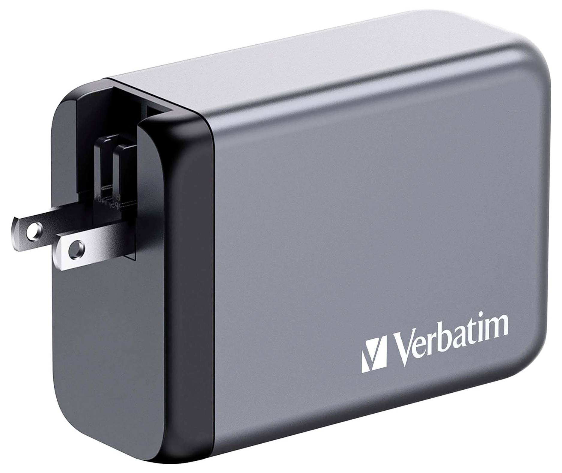 A black Verbatim charger with foldable pins.