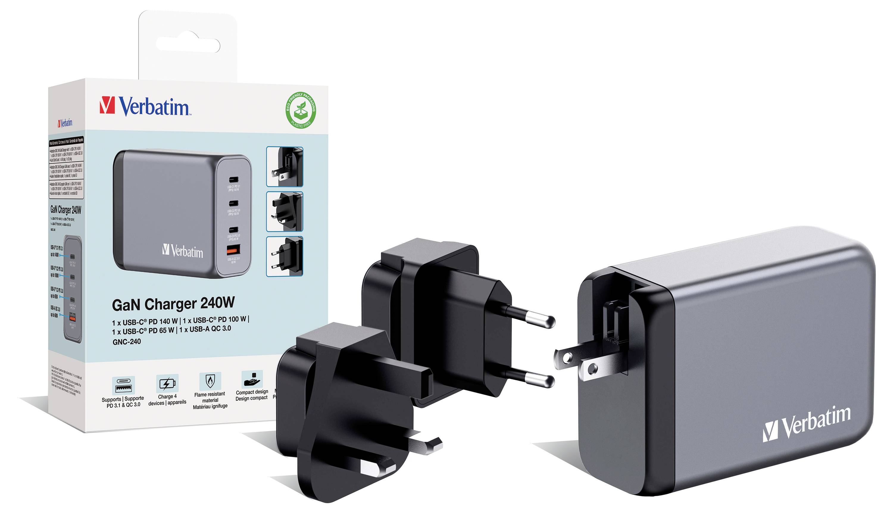 Verbatim GaN Charger 240W, consisting of a charger, multiple adapters and packaging. Suitable for various power sockets.