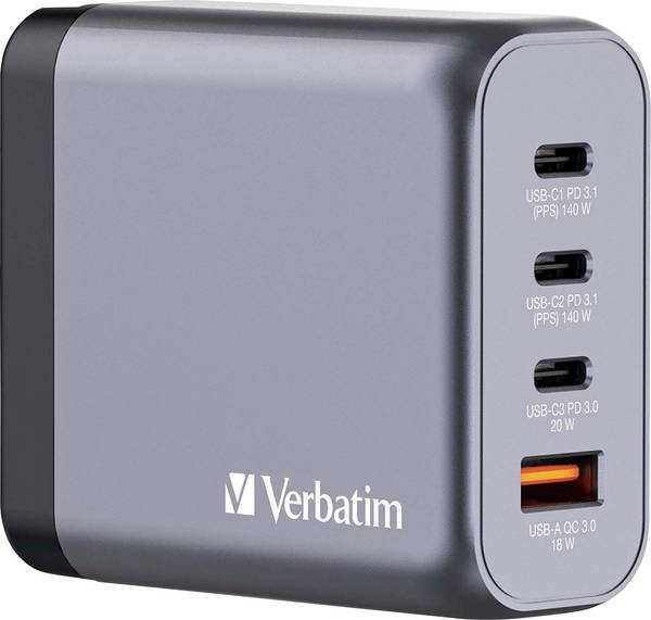 Verbatim GNC-140 GaN Travel charger 140 W 1x USB-A, 3x USB-C® Power Delivery, QC 3.0, USB PD 3.1 Grey GaN, incl. Europe adapter, incl. UK adapter, incl. US adapter