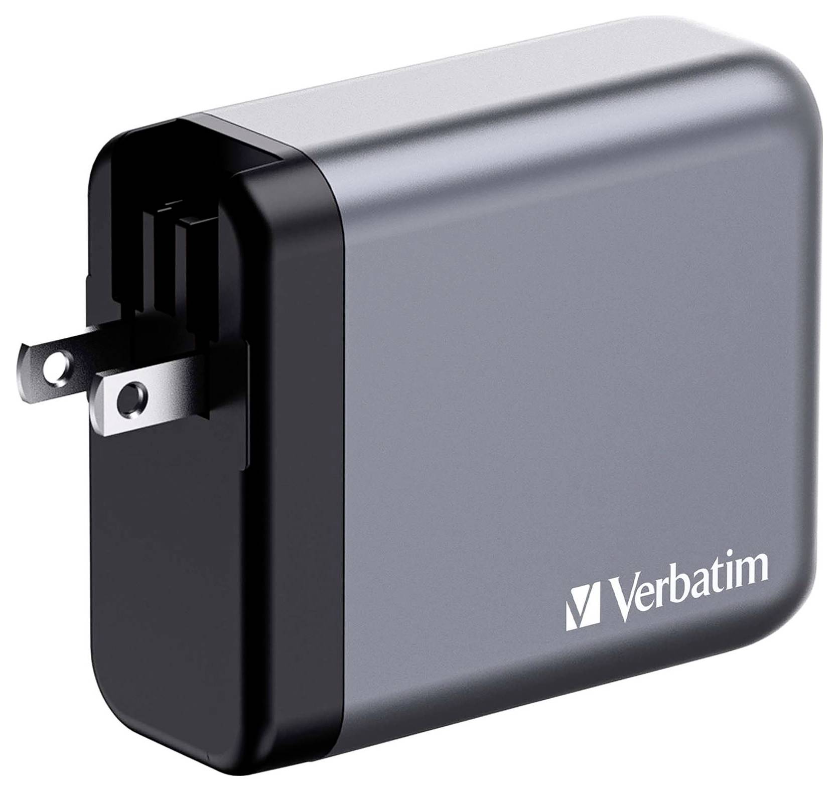 A grey Verbatim wall charger with two visible metal prongs and the Verbatim logo on the side.