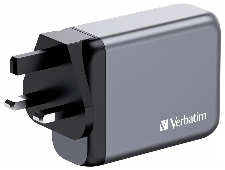 Portable charger with three-pin plug and 'Verbatim' logo, suitable for electronic devices, compact size.