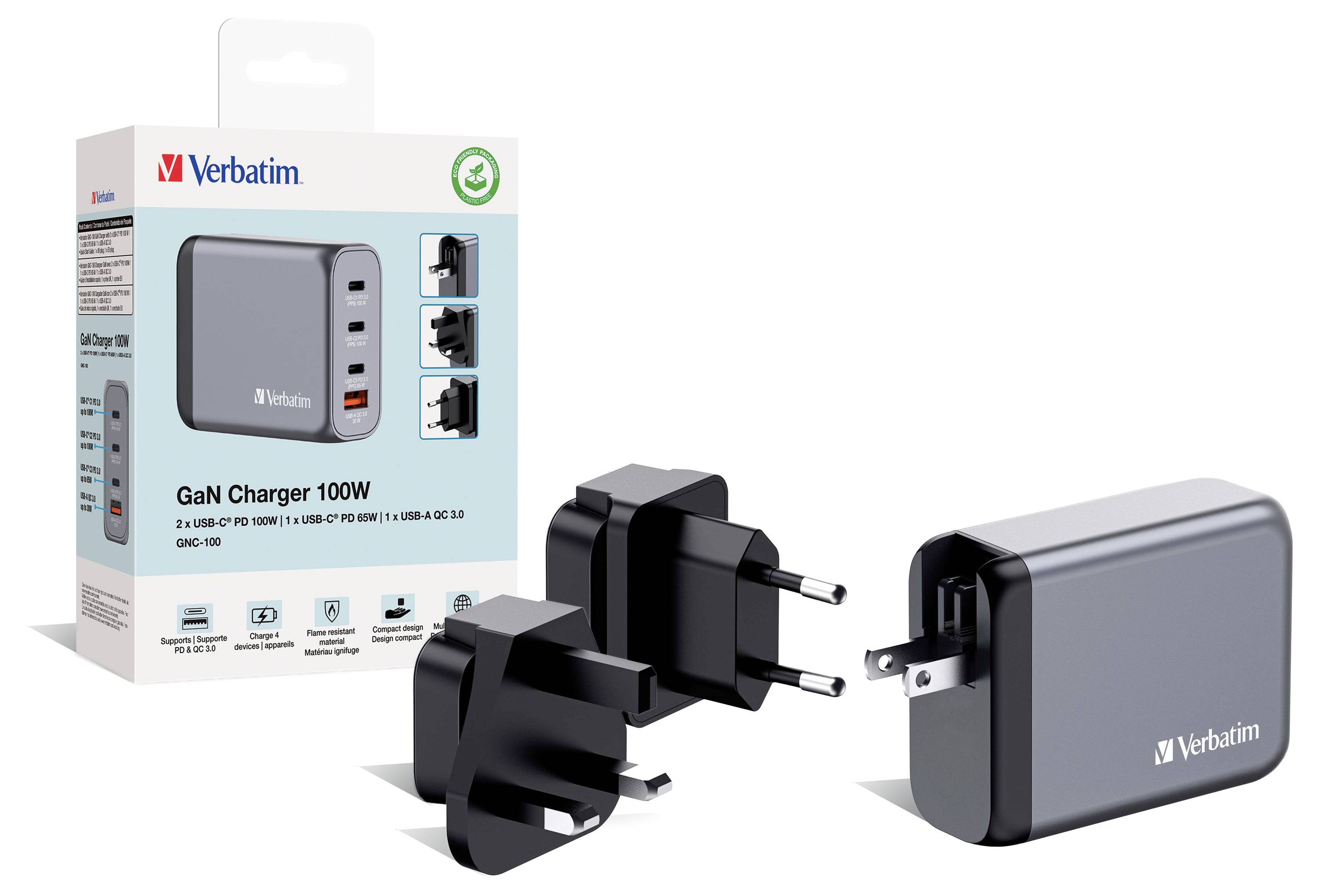 Verbatim GaN Charger 100W, pictured with packaging, charger and various plugs for international use.
