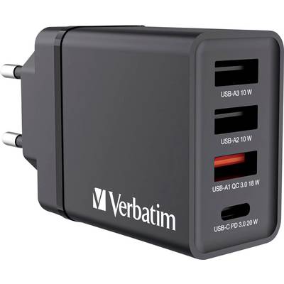 Black USB charger with four ports: three USB-A and one USB-C. Brand name on the left, power rating specified for each.